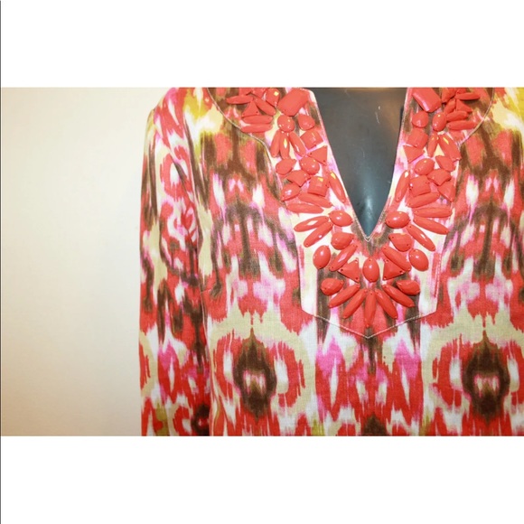 Jones New York Ladies Long Summer Sleeve Blouse Tie Dye Print with Red Beading - Picture 6 of 8